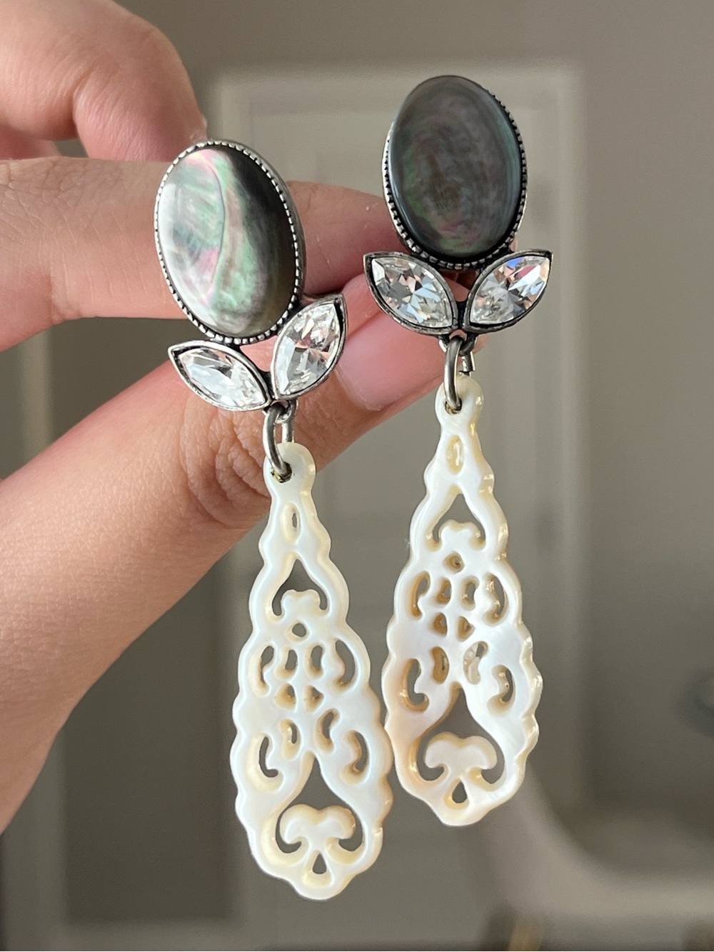 Vintage Philippe Ferrandis Black White Mother Of Pearl Openwork Dangle Earrings